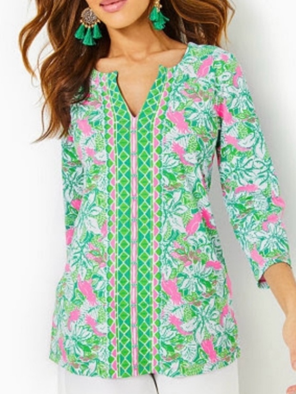 Lily Pulitzer Karina Tunic Botanical Green Pink Just Wing It UPF 50+ Size XL